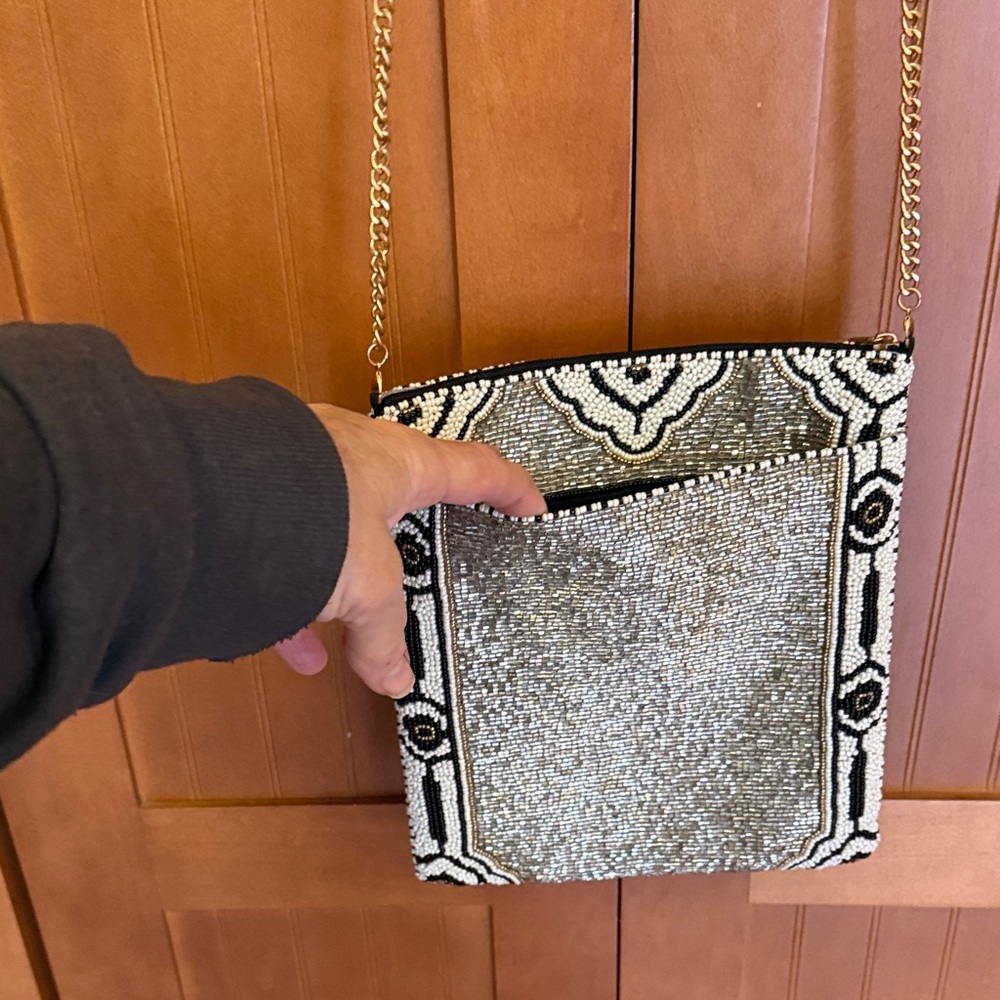Mary Frances Beaded Hamsa Handbag - Black, white, silver and Gold - Picture 3 of 7
